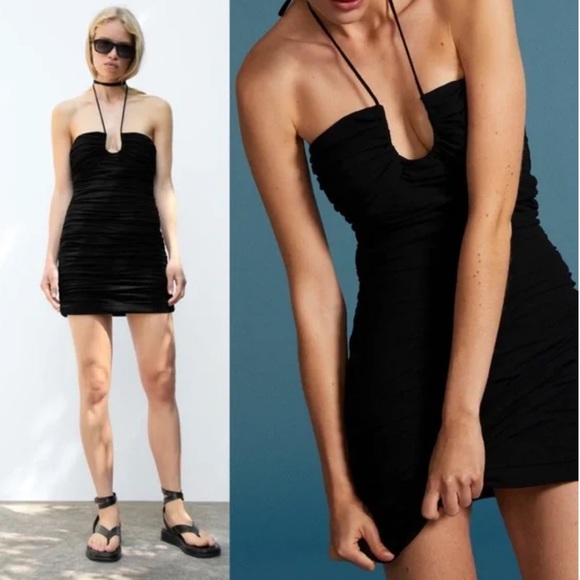 Zara woman’s black Ruched halter mini dress - Picture 2 of 16